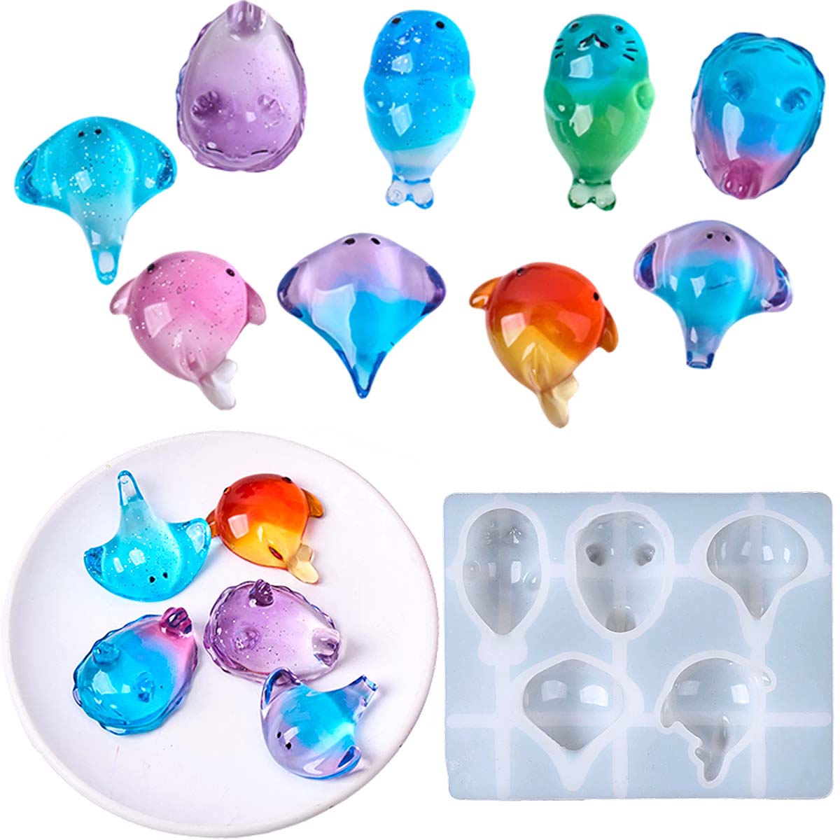 Candle Making Factory - 3D-Heilungs-Silikonform mit Kawaii Manta-Rochen- und Wal-Motiv