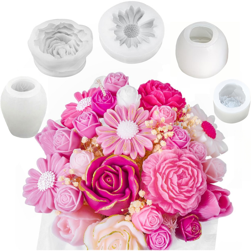 Candle Making Kit Diy - 5-teiliges Blumen-Kerzenformen-Set, 3D-Blumen-Silikon-Kerzenform, zur Kerzenherstellung, Gänseblümchen-,